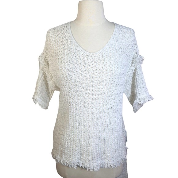 LOU & GREY Women's XS White Fringe Open Knit Popover Summer Sweater Blouse Top - Picture 5 of 12